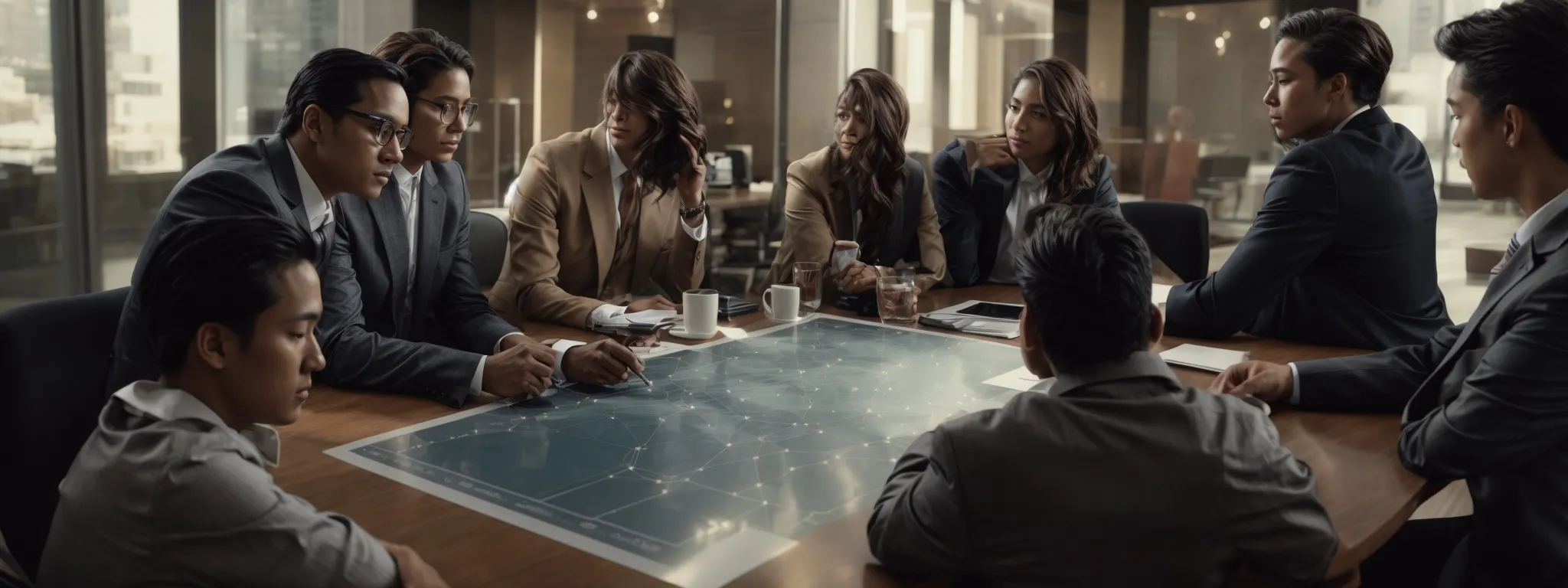 a dynamic team gathered around a conference table, strategizing over a large graph illustrating rising web traffic.