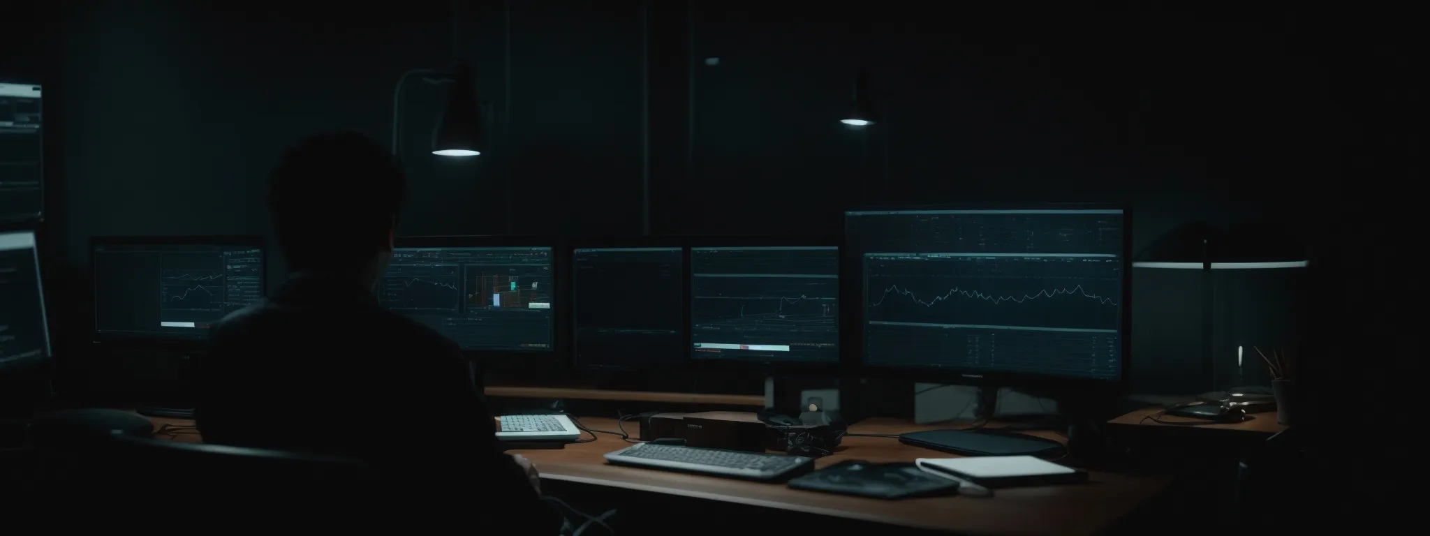 a person in a dimly lit room engages intently with a computer screen displaying a dark mode interface while analyzing graphs reflecting website engagement metrics.