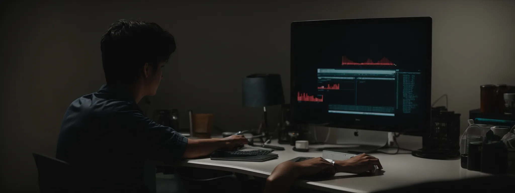 A person sits at a desk in a dimly lit room, working on a computer displaying data graphs and code on the screen.