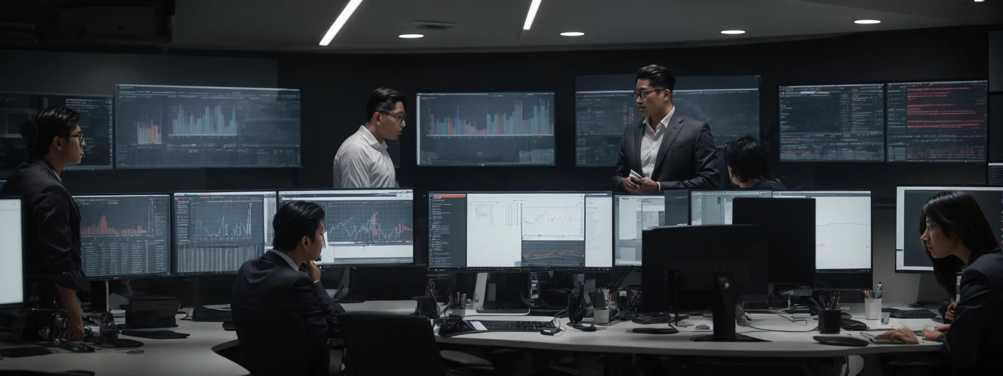 a bustling team of seo professionals intently analyzes data on large screens in a modern office, strategizing over keyword research.