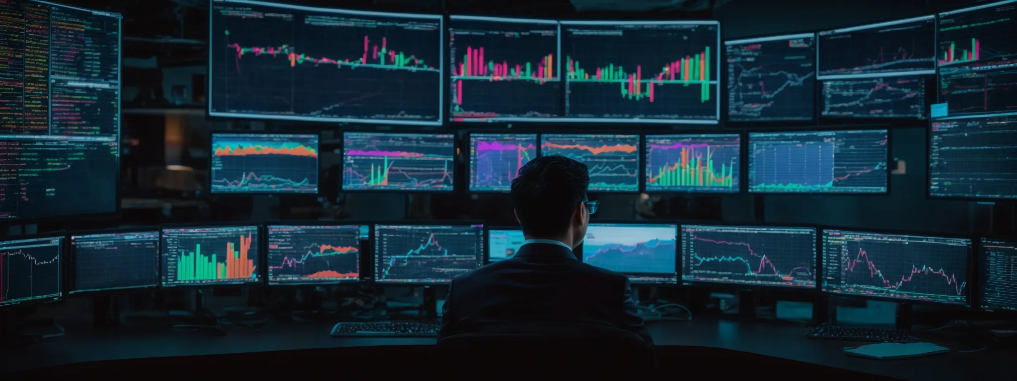 a webmaster sits before multiple computer screens displaying colorful graphs and analytics, strategizing seo tactics.