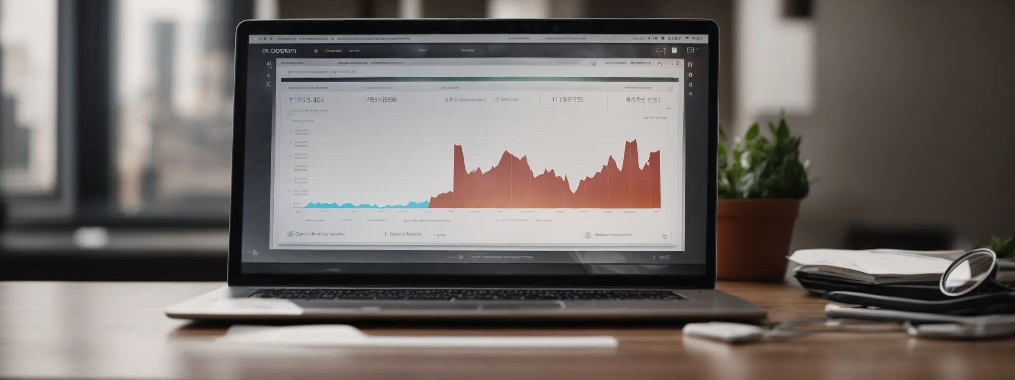 a computer screen displaying a rising graph analytics dashboard alongside a magnifying glass on a webpage, symbolizing improved search engine rankings.