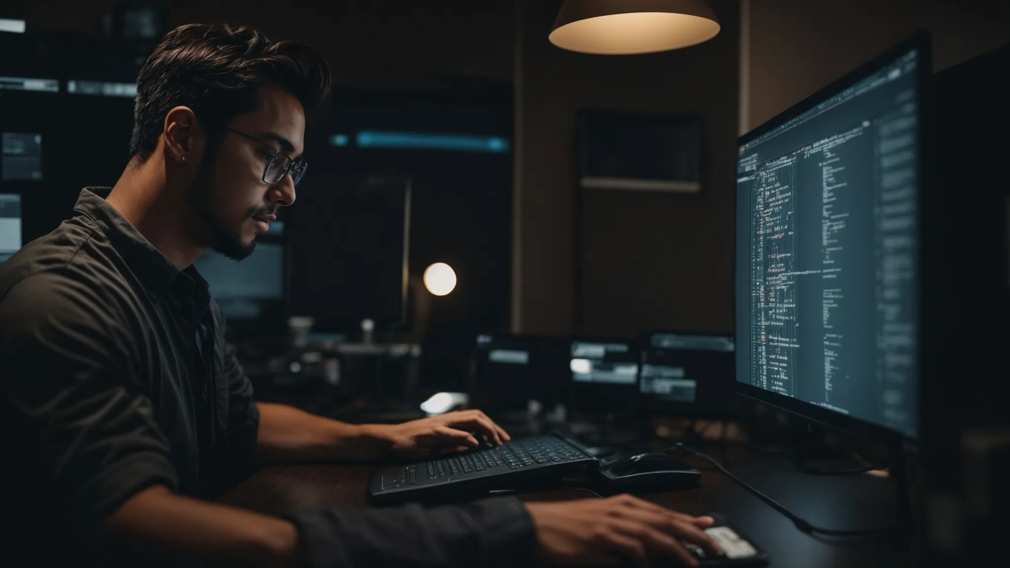 a web developer sits at a computer with code on the screen, optimizing a website's structure for better search engine visibility.