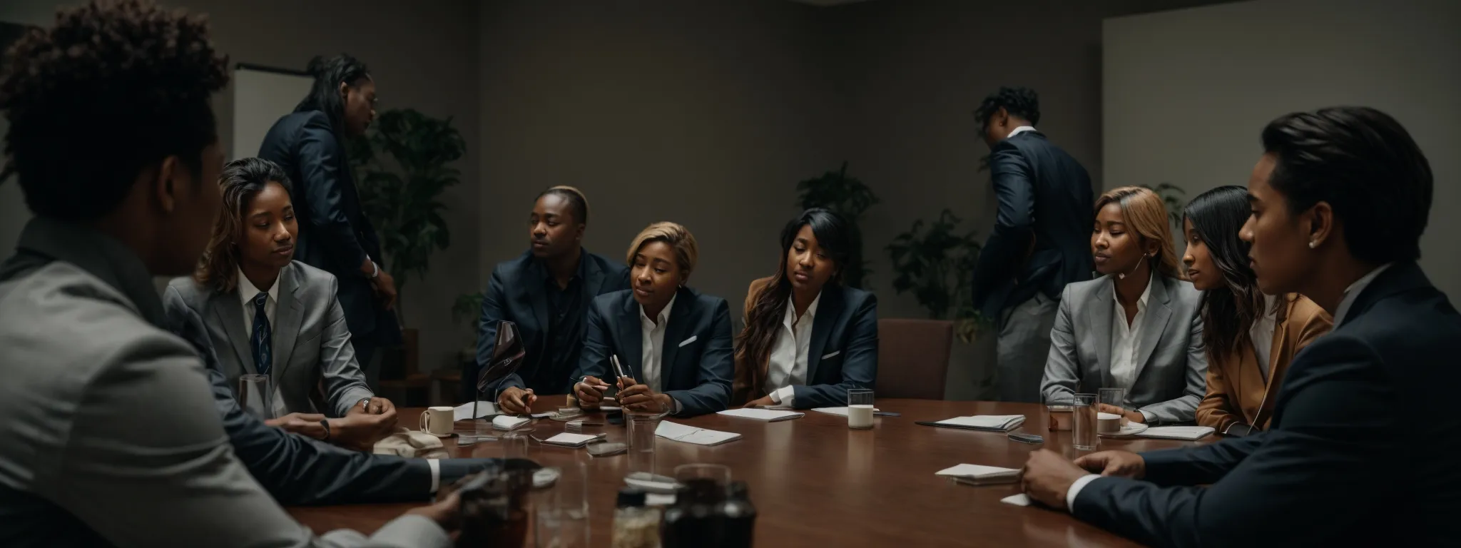 a diverse group of professionals congregating around a conference table, engaged in a strategic meeting.