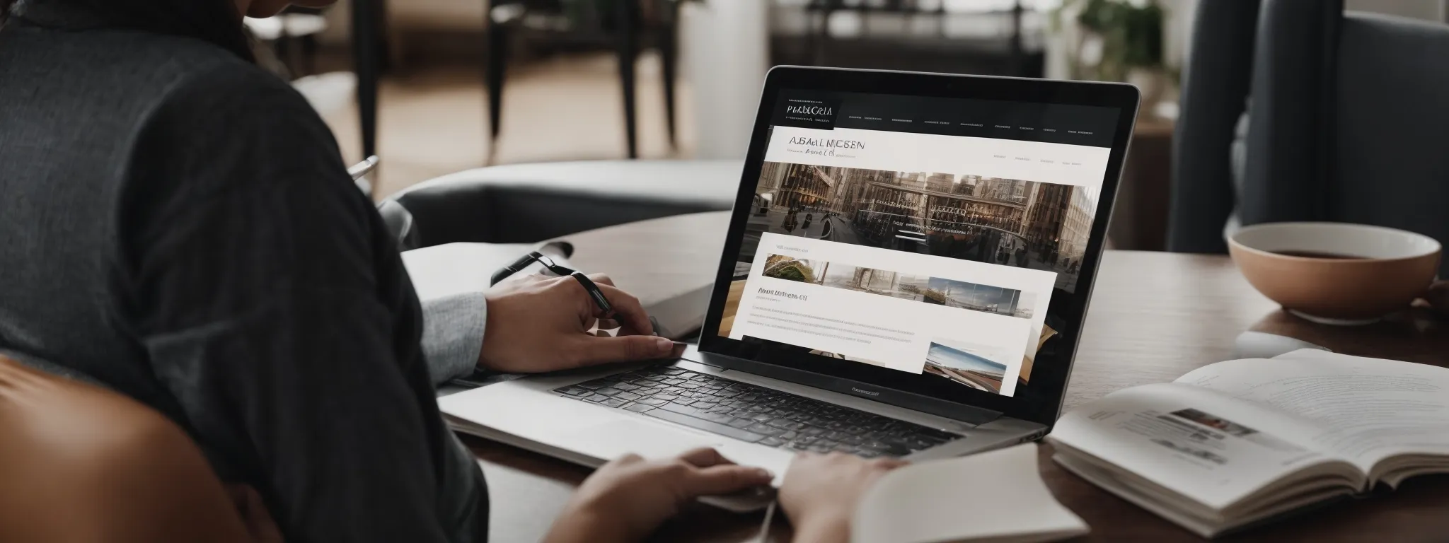 a person browsing through a streamlined, professional website on a laptop, representing the concept of a well-structured attorney's website designed for user-friendliness and seo efficiency.