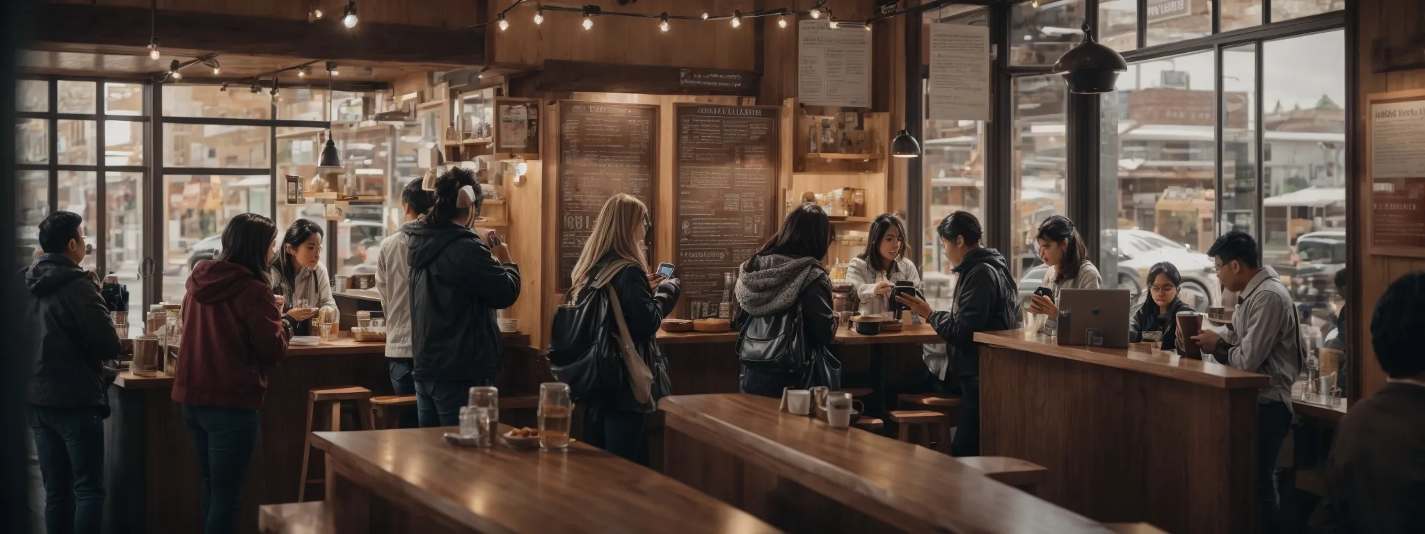 a bustling local café filled with residents interacting with posts on their smartphones while a community bulletin board highlights a digital marketing workshop.