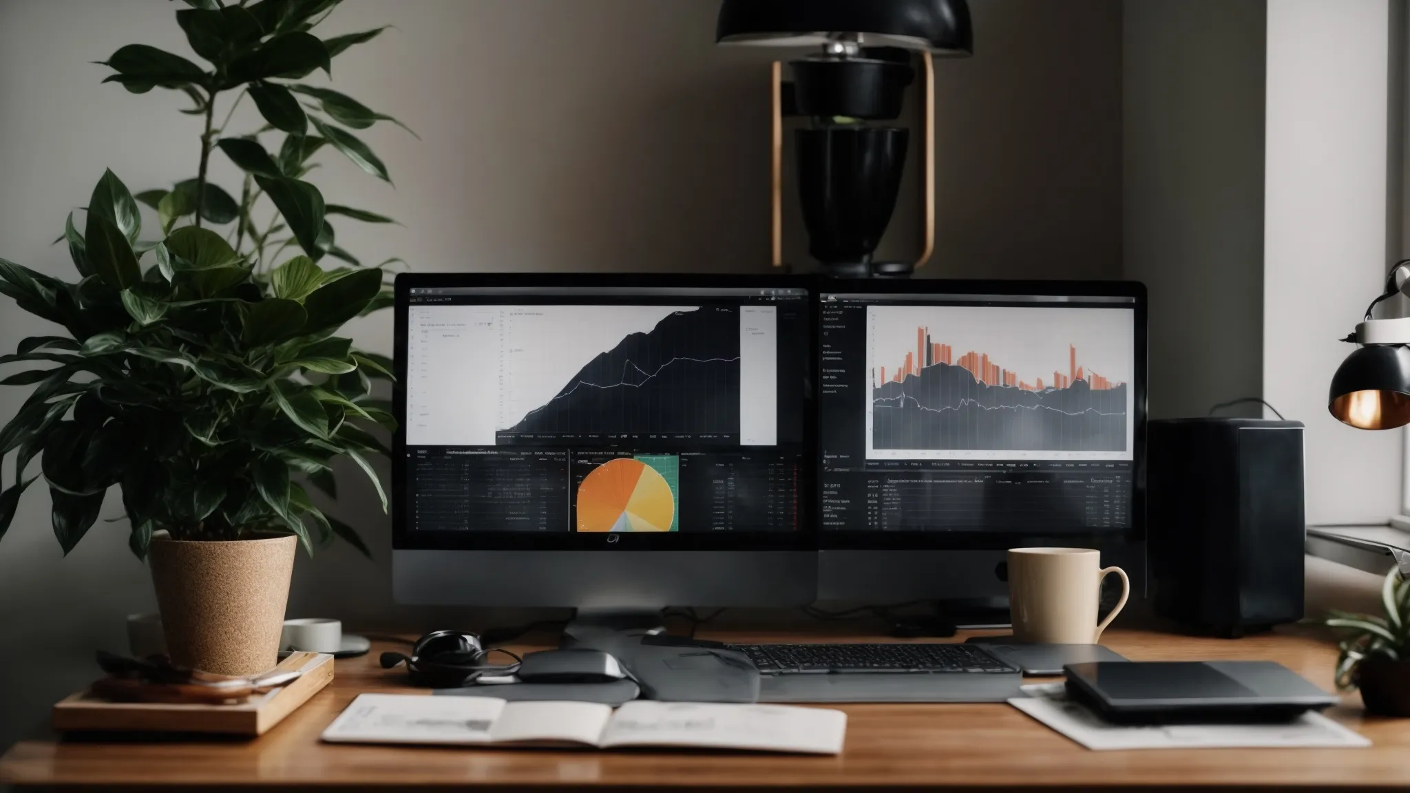 a computer on a desk displaying charts and graphs next to a coffee cup and a houseplant.