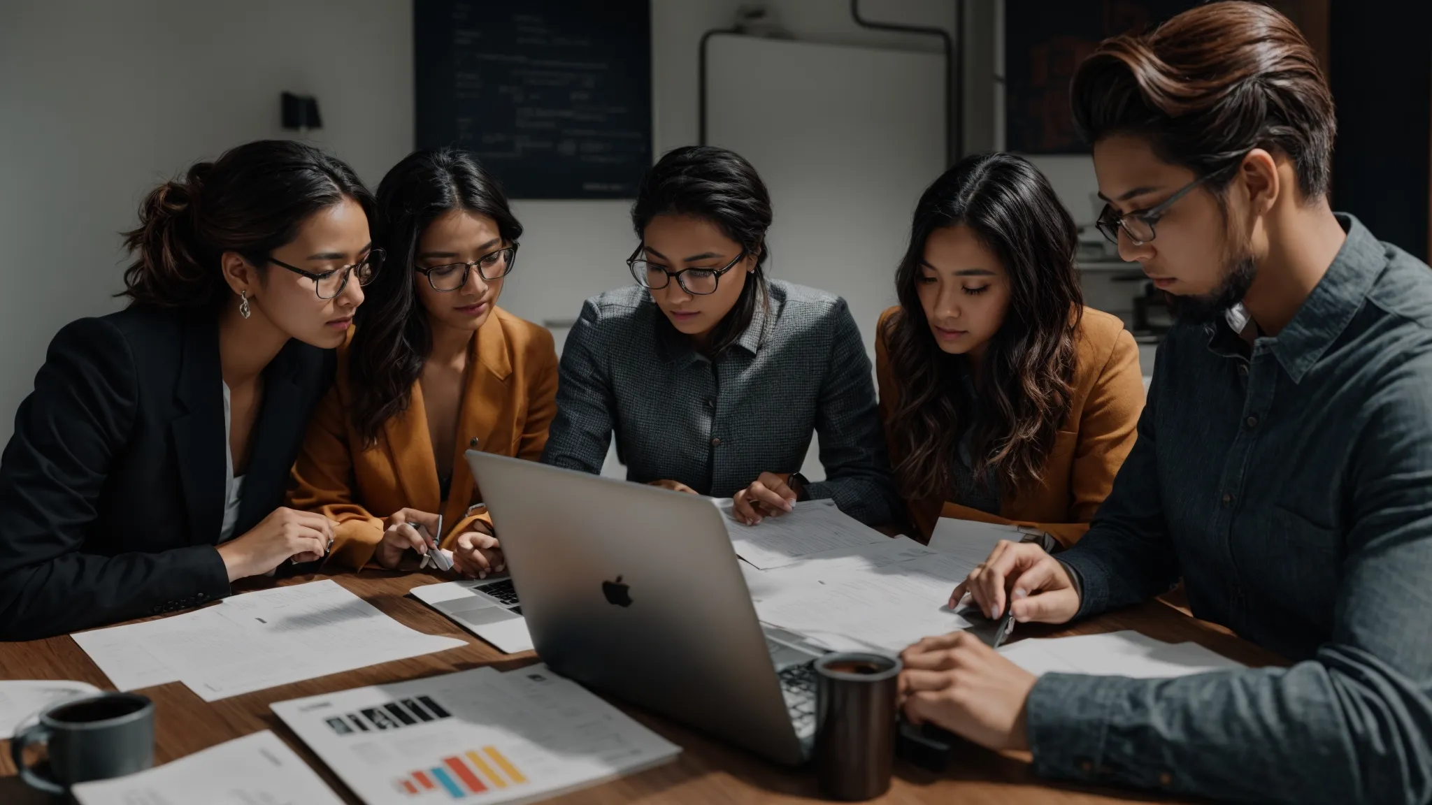 a group of professionals huddled around a laptop, analyzing graphs and data to enhance local seo strategies.