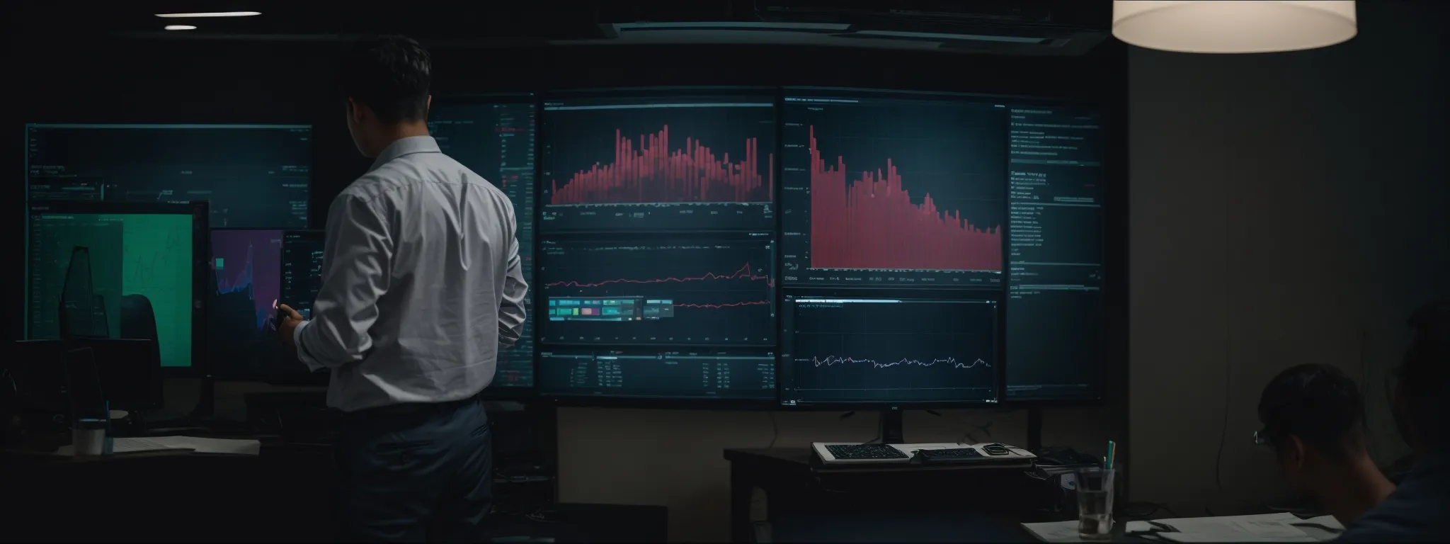 a business professional stands in front of a large computer screen displaying charts and analytics while immersed in a digital marketing environment.