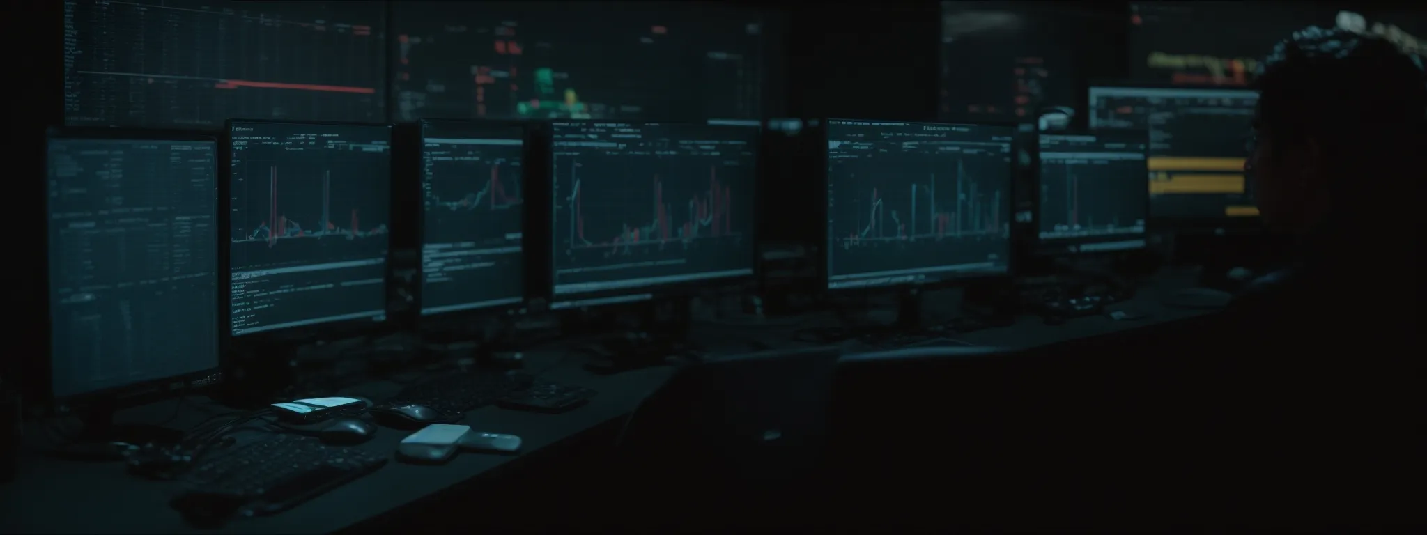 a person in front of a computer screen displaying graphs and website traffic data.