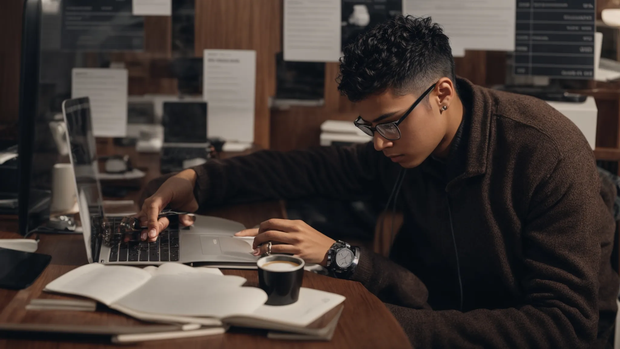 a person sitting at a desk, typing on a laptop surrounded by marketing strategy charts and a cup of coffee.
