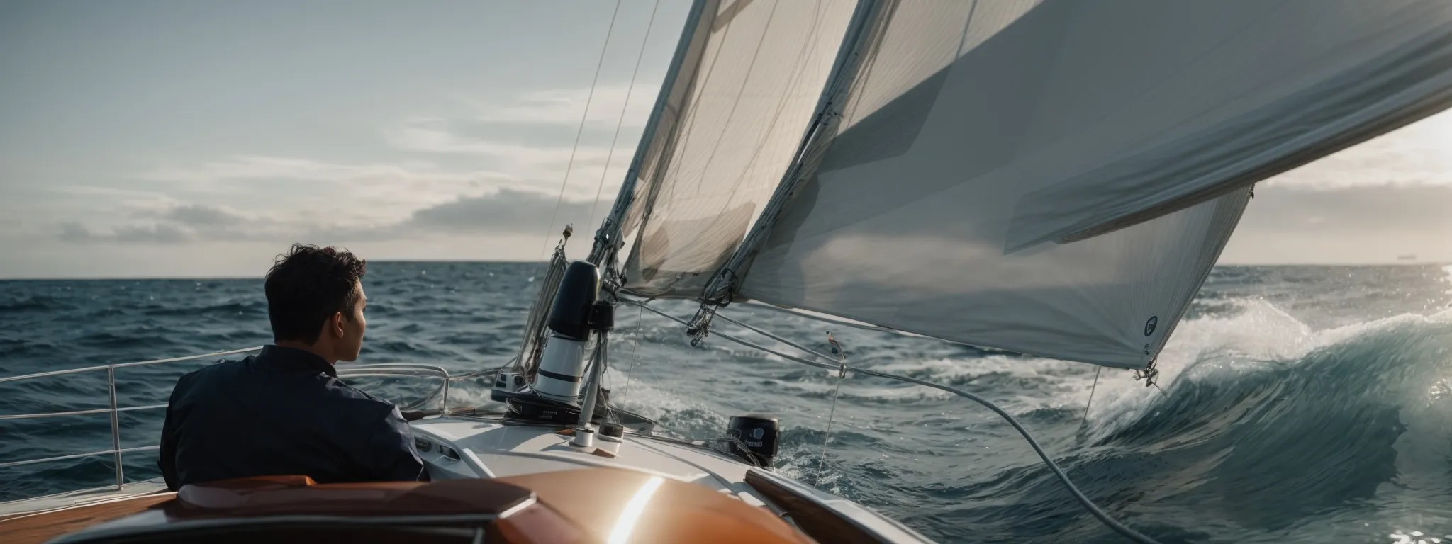 a person steering a high-tech sailboat through a digitally-rendered sea.