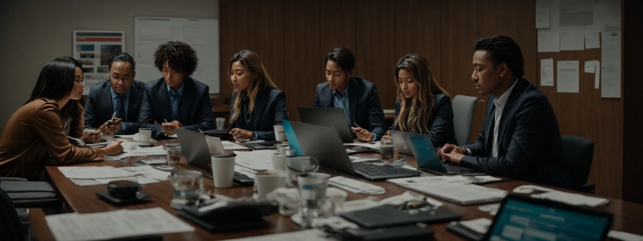 a team gathers around a conference table cluttered with computers and digital marketing reports, intensely discussing strategies.