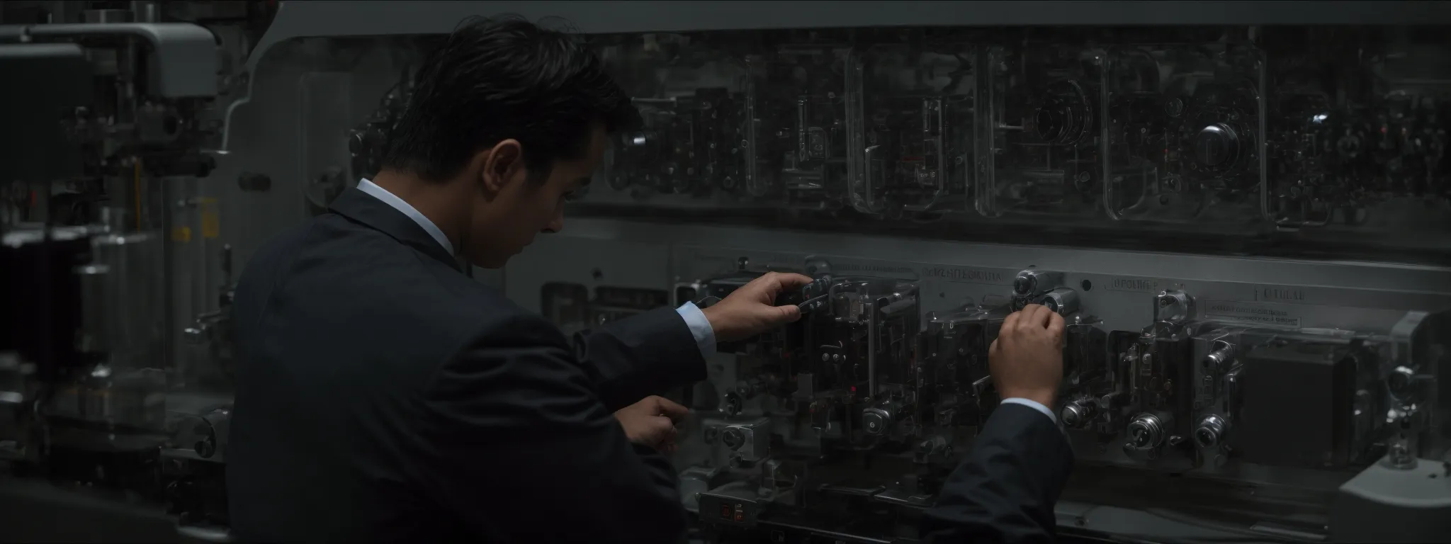 a scientist adjusting dials on a complex machine to run a precision experiment.