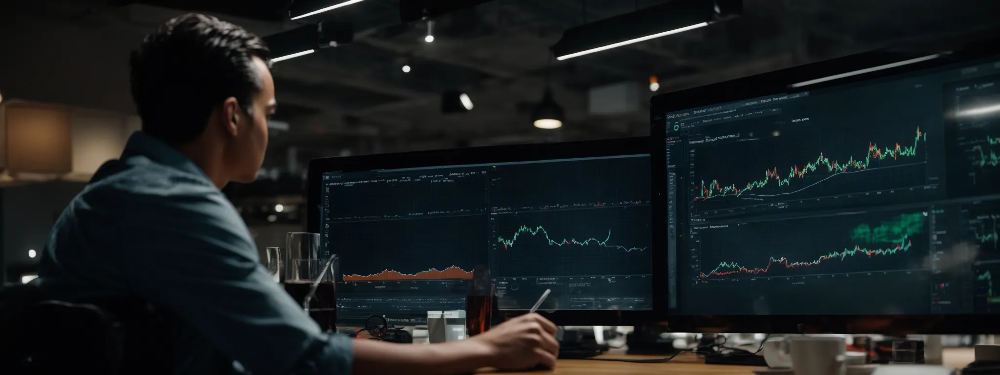 a webmaster gazes at an analytics dashboard reflecting a surge in web traffic unrelated to the targeted audience.
