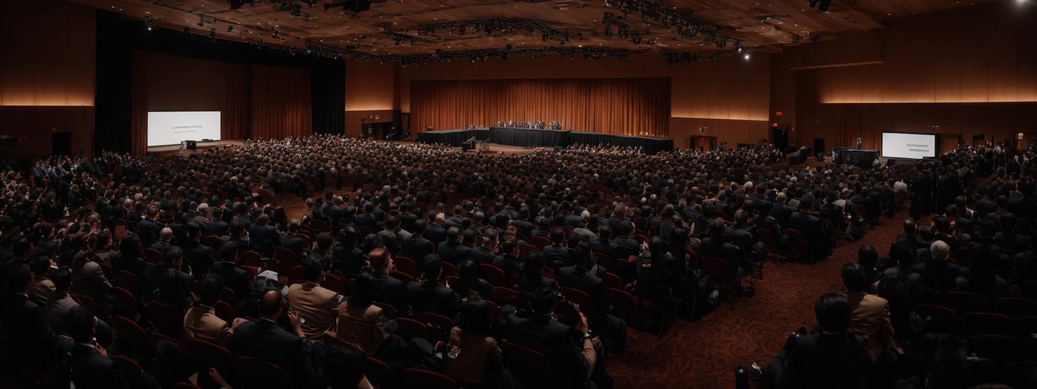 a bustling conference hall with attendees congregating around a stage set for an seo keynote speaker.