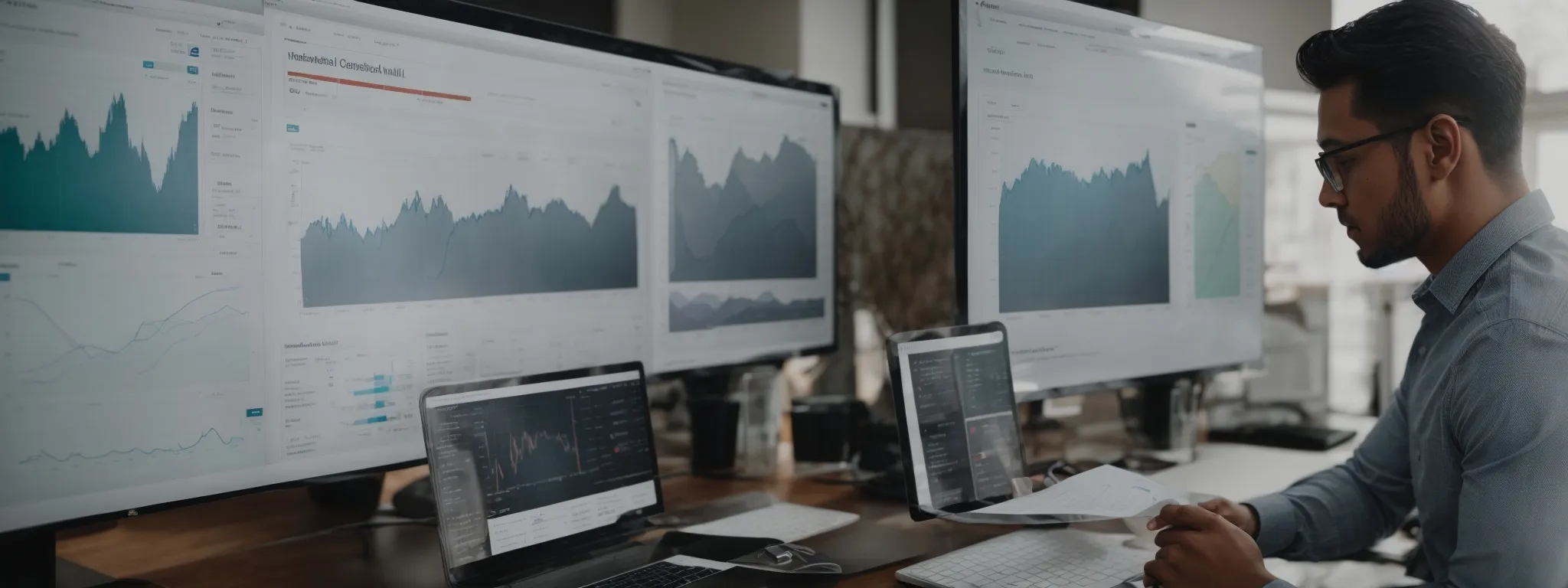 a business owner reviews analytical charts on a screen showing website traffic and conversion metrics.