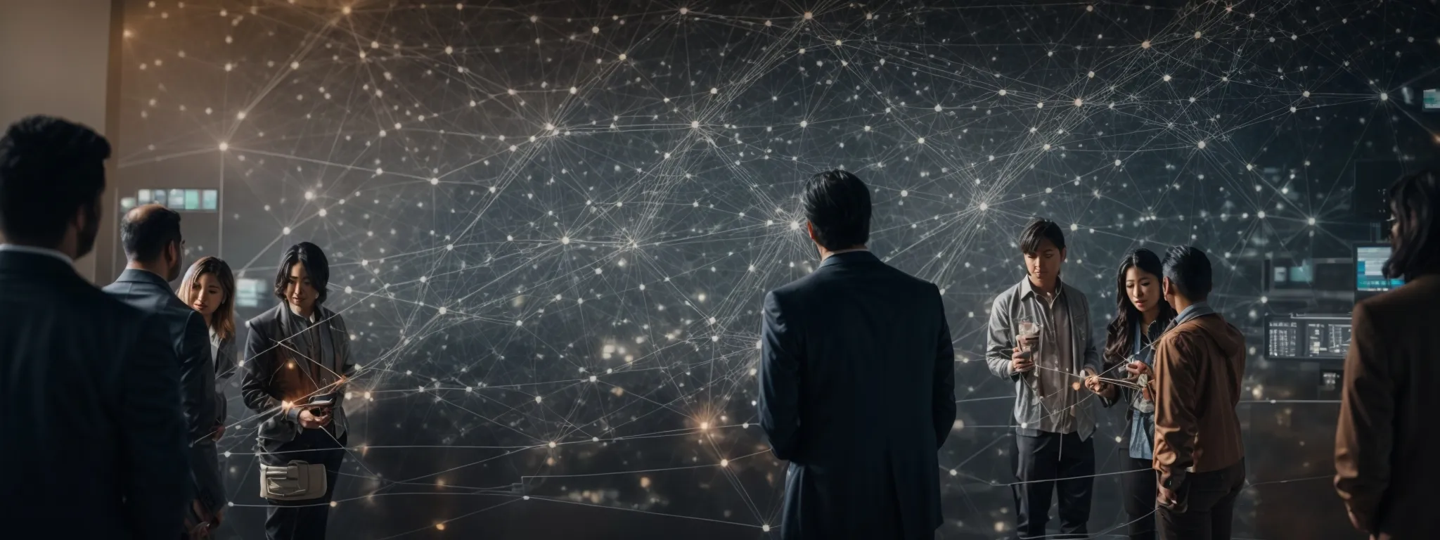 a diverse team of professionals examines a large, intricate network diagram on a digital interface to strategize seo link optimization.