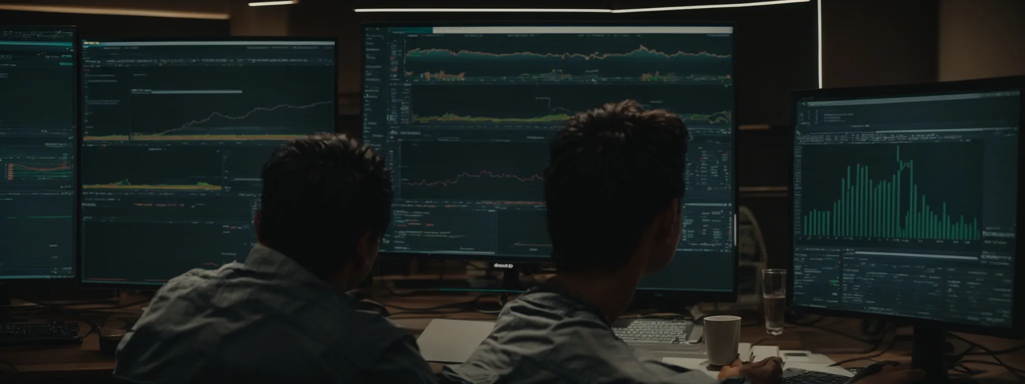 a person sitting at a computer with multiple analytics dashboards open on the screen.