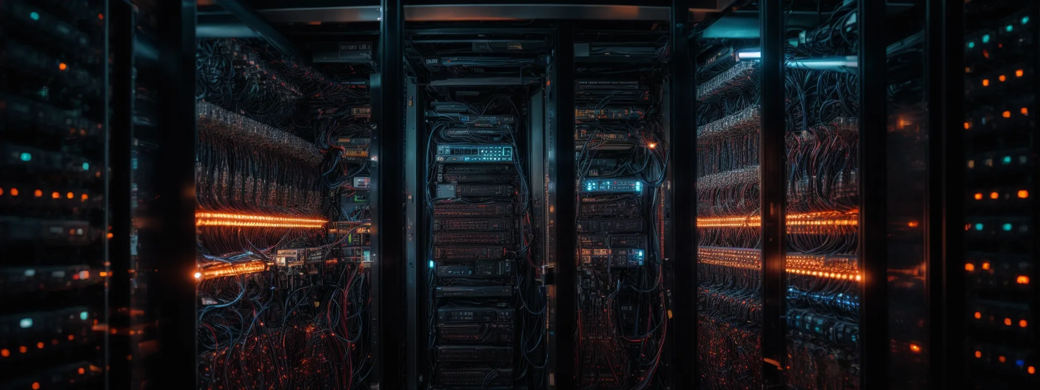 a server rack flanked by glowing fiber-optic cables, symbolizing advanced web technology and connectivity.