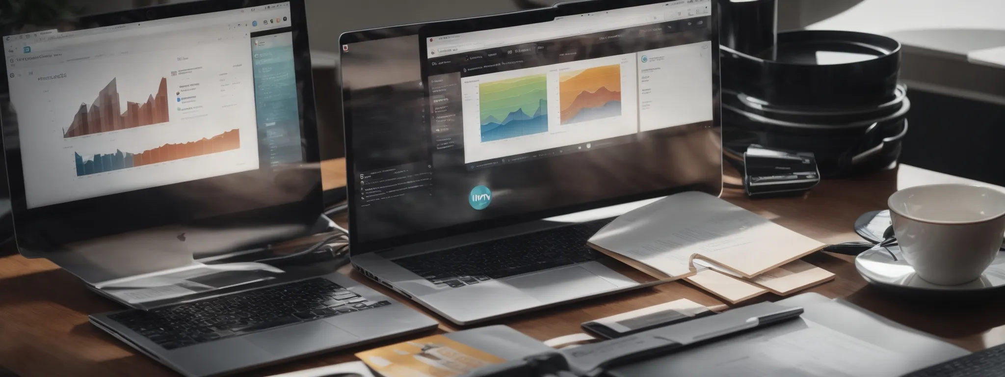 a laptop with graphs and social media icons on the screen, surrounded by marketing strategy documents and a digital tablet.