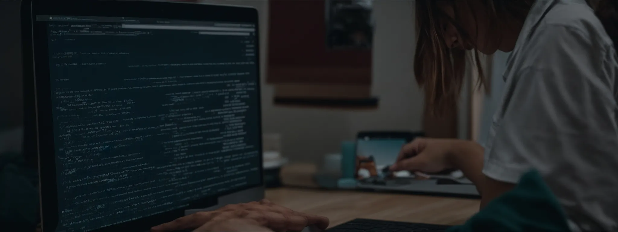 a website developer reviews a site's html code on a computer screen, focusing on enhancing meta tags for seo.