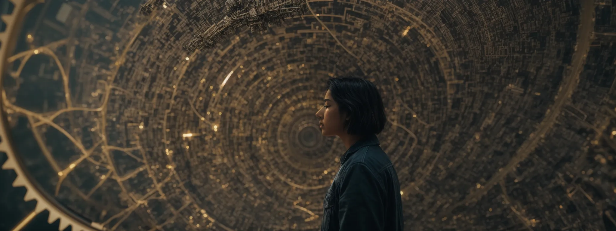 a person stands in front of a complex network of interconnected gears, symbolizing the dynamic and intricate process of managing seo strategies.