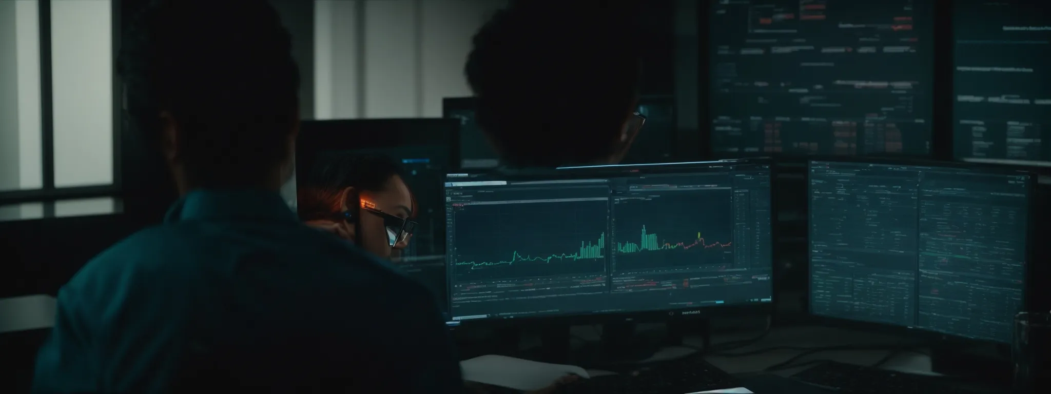 a focused individual analyzing intricate analytics on a computer screen displaying a dashboard of seo metrics.