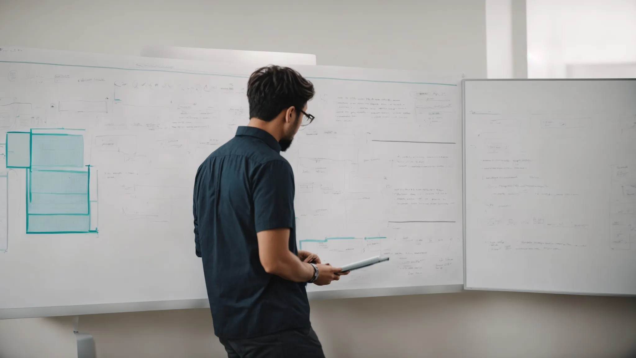 a designer sketches a user interface layout and workflow on a whiteboard while discussing strategy with colleagues.