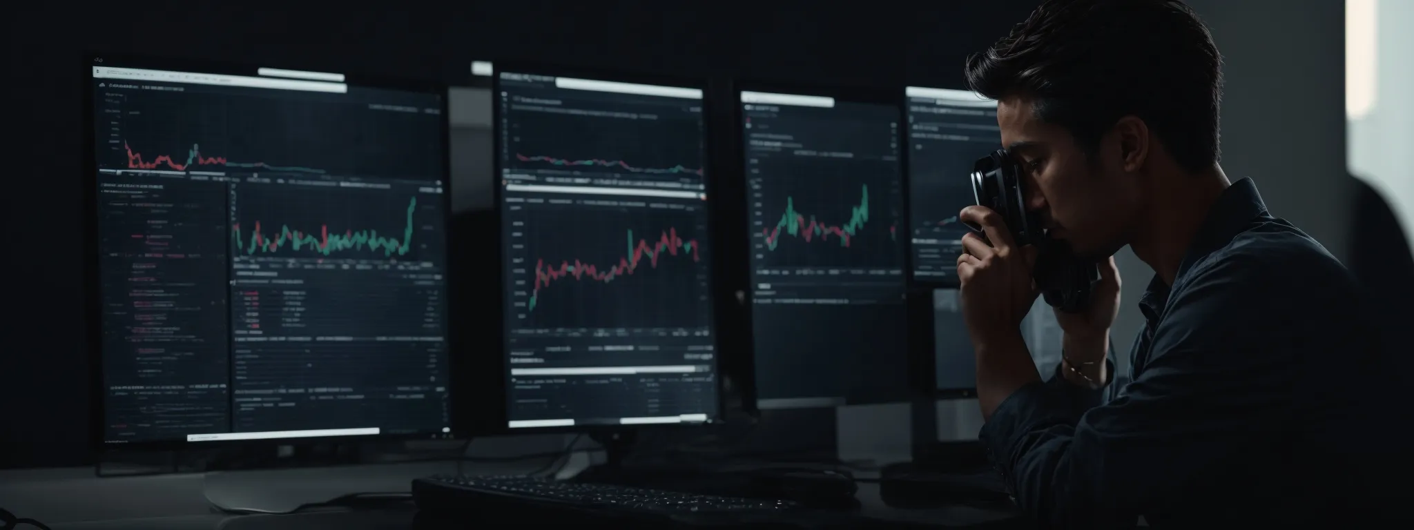 a focused individual observing a vibrant analytics dashboard on a computer screen, reflecting a rise in search engine rankings.