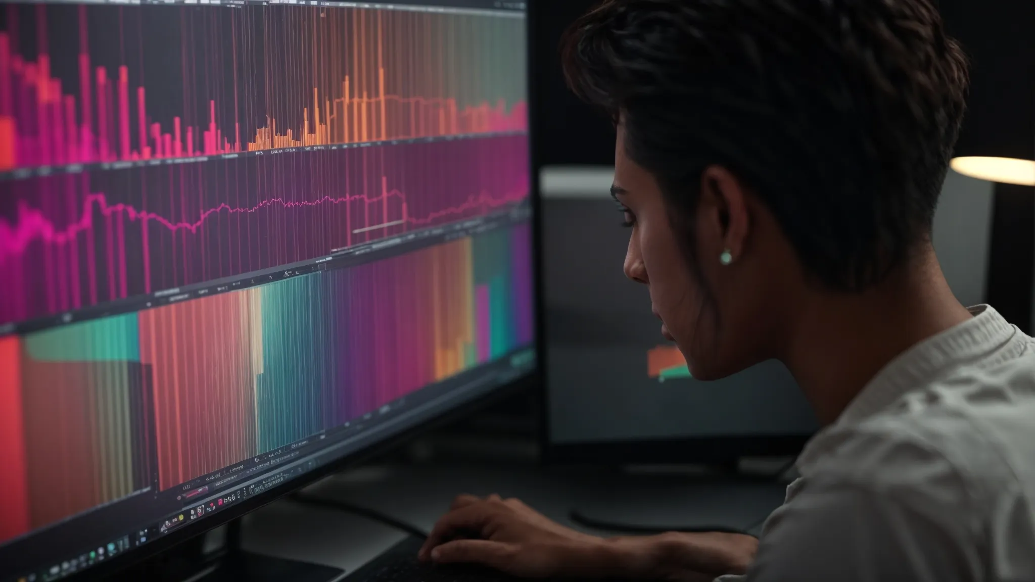 Person analyzing vibrant bar and line graphs on dual monitors in a dark data analytics workspace.