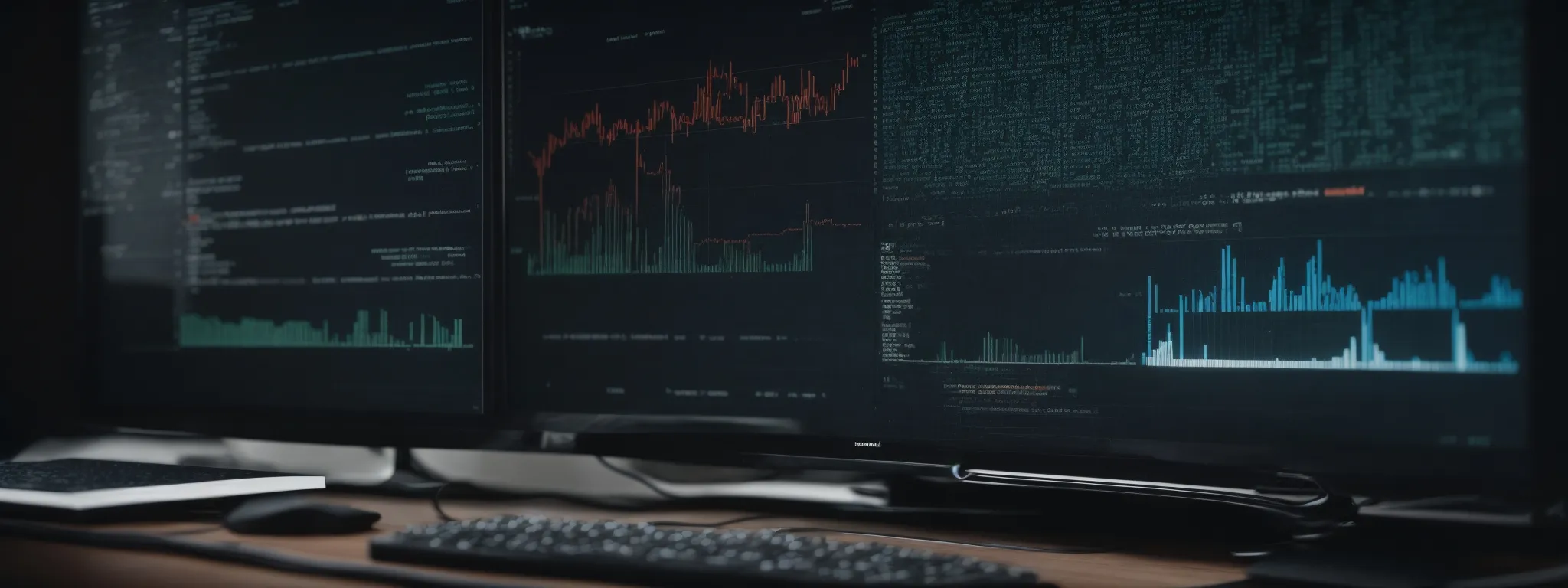 a computer screen displaying complex code next to graphs highlighting seo performance metrics.