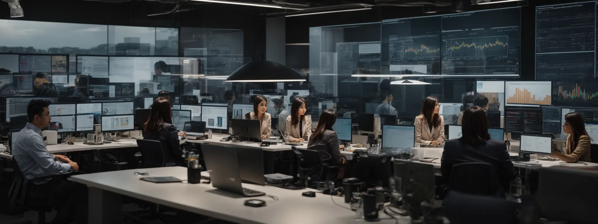 a bustling digital marketing office with professionals strategizing over a large screen displaying a website's performance analytics.