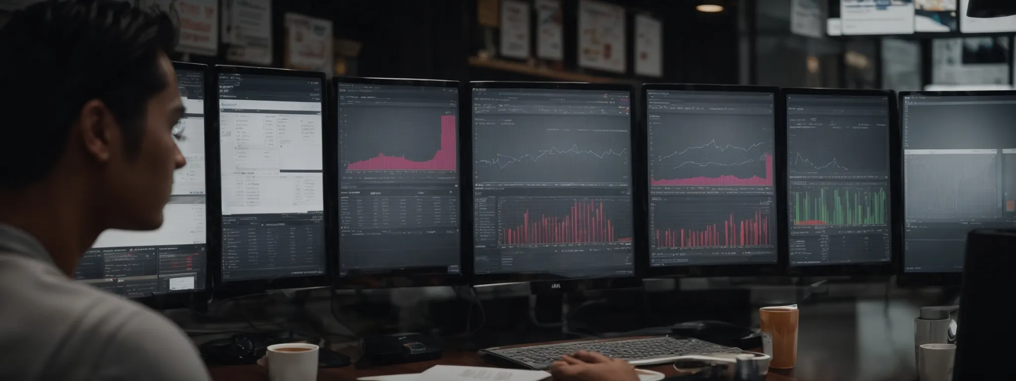 a local shop owner looks at a computer screen displaying graphs of marketing performance next to an ai-assisted marketing software interface.