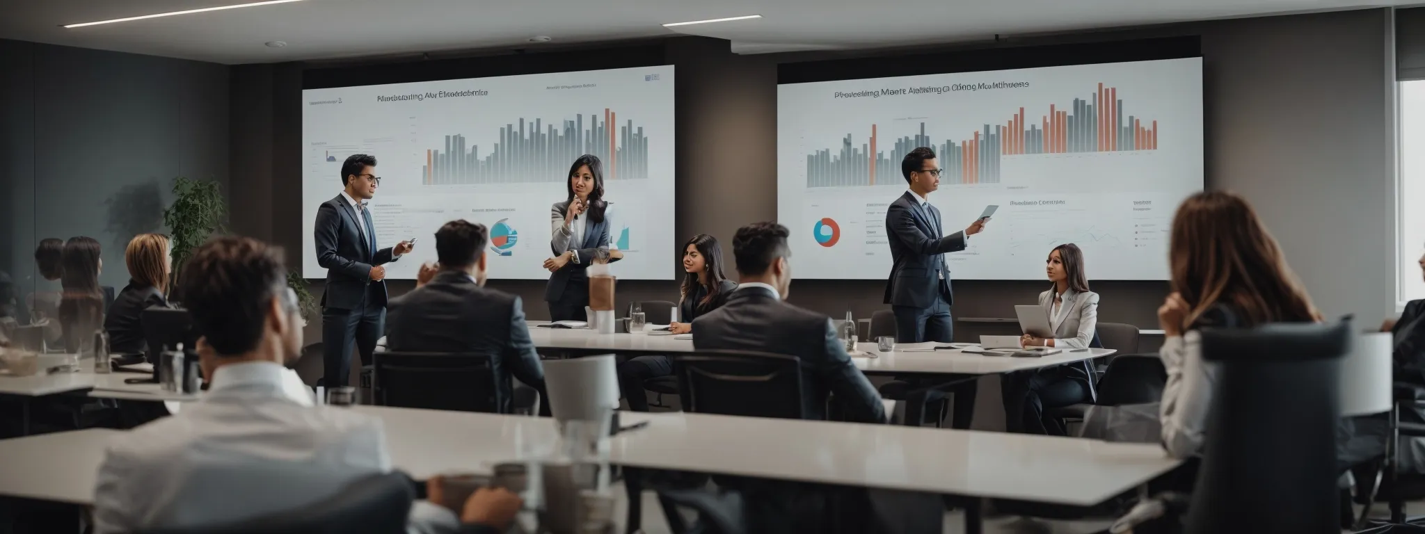 a digital marketing consultant presents strategies on a screen to a group of attentive business professionals in a modern meeting room.