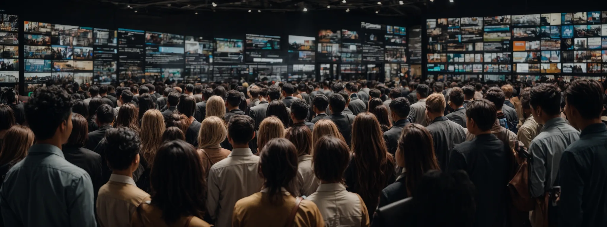 a group of diverse people gaze intently at a large screen displaying an array of social media applications.