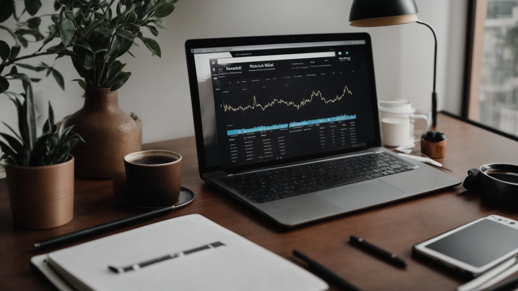 a laptop open on a desk displaying social media analytics next to a notepad with the word "seo" and a coffee cup.