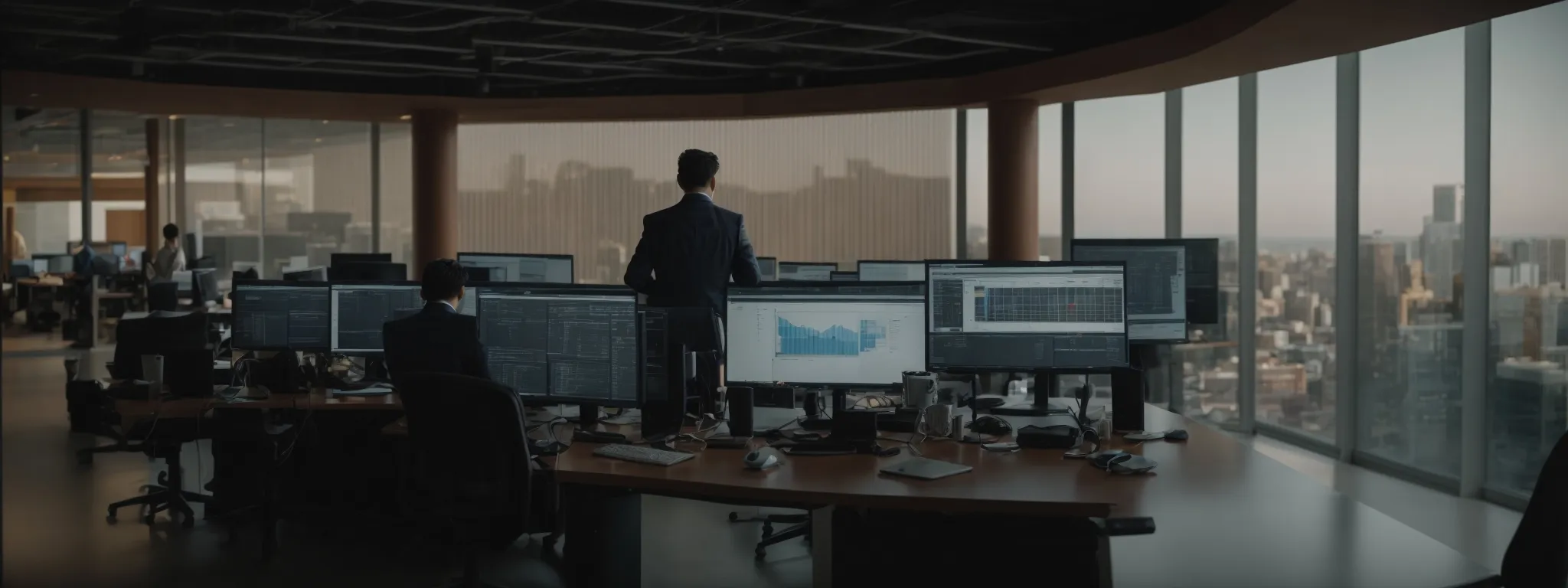 a wide-angle shot of a digital marketer analyzing a website layout on a large, high-resolution computer screen, amidst a modern office space.