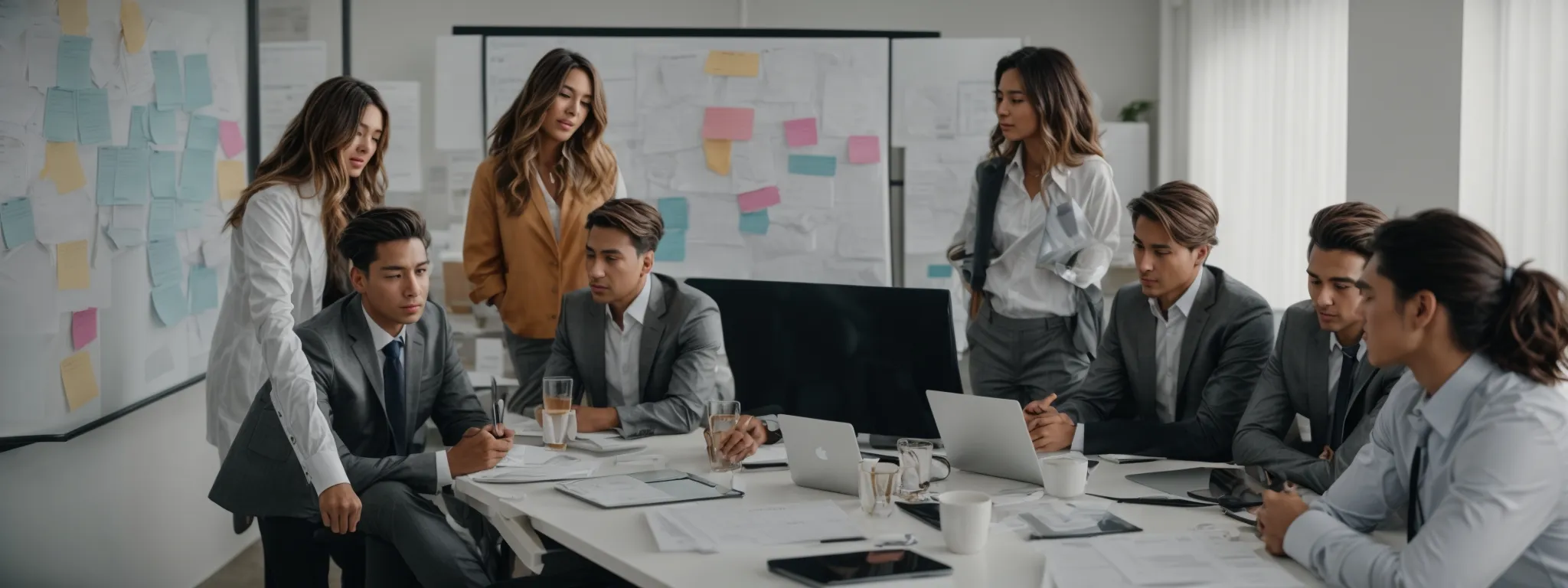 a team in a bright, modern office strategizing around a whiteboard filled with seo keywords and topic ideas.