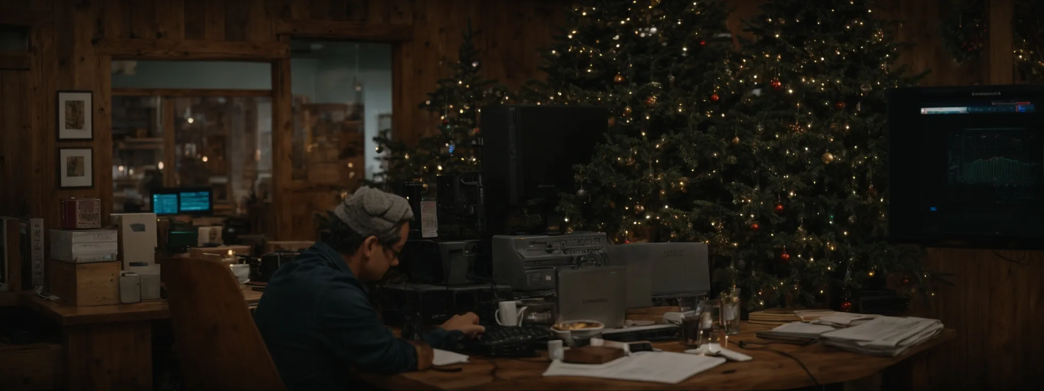 a christmas tree farm owner is reviewing colorful graphs on a computer screen in a warmly lit, rustic office adorned with a small festive tree.