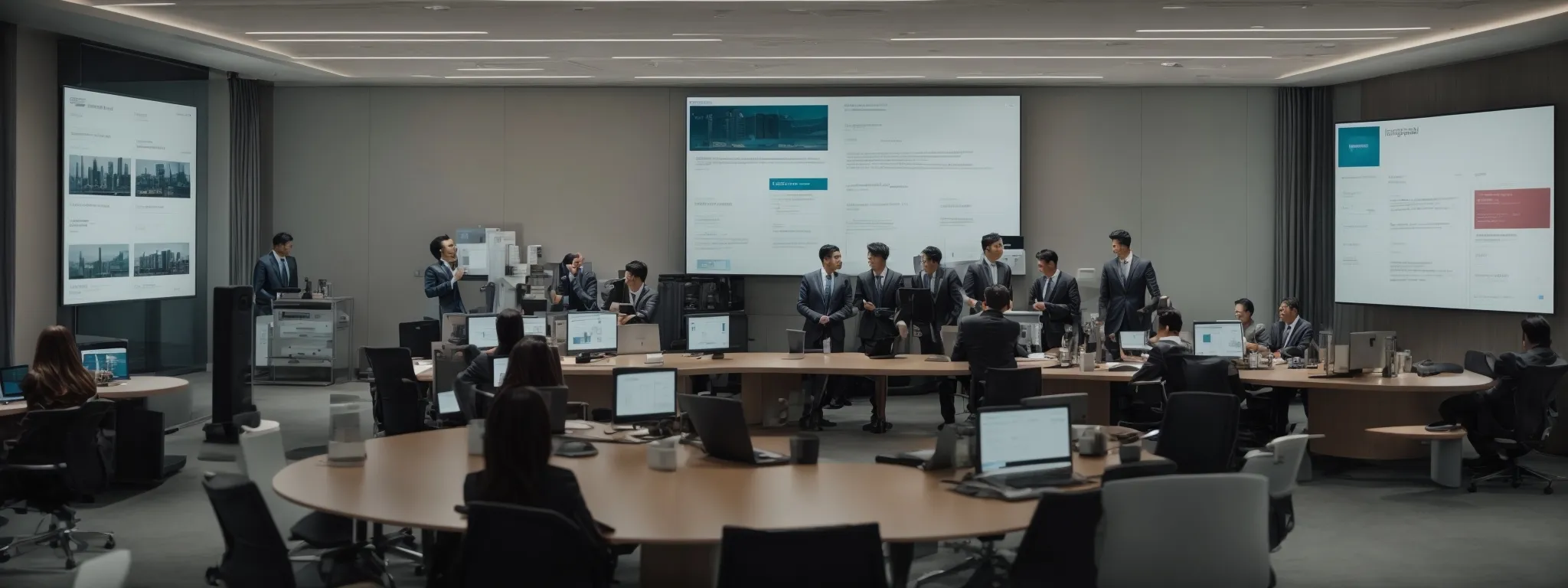 a meeting room with a large monitor displaying a search engine results page, surrounded by marketing professionals discussing strategy.