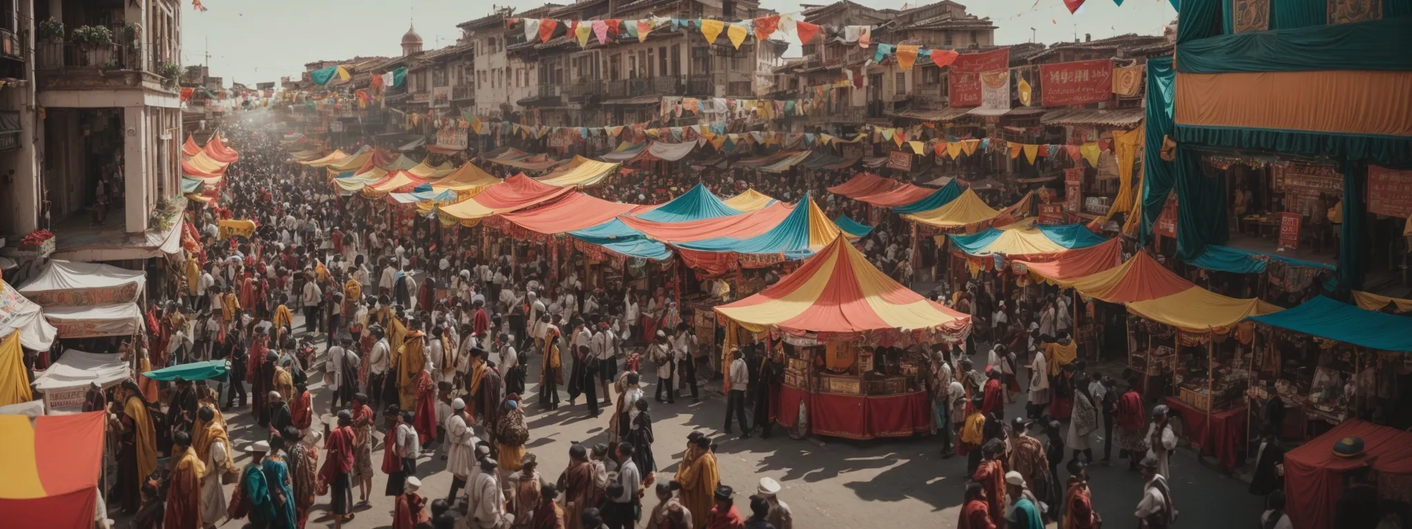 a lively street fair with colorful booths and locals engaging in various activities under bright banners.