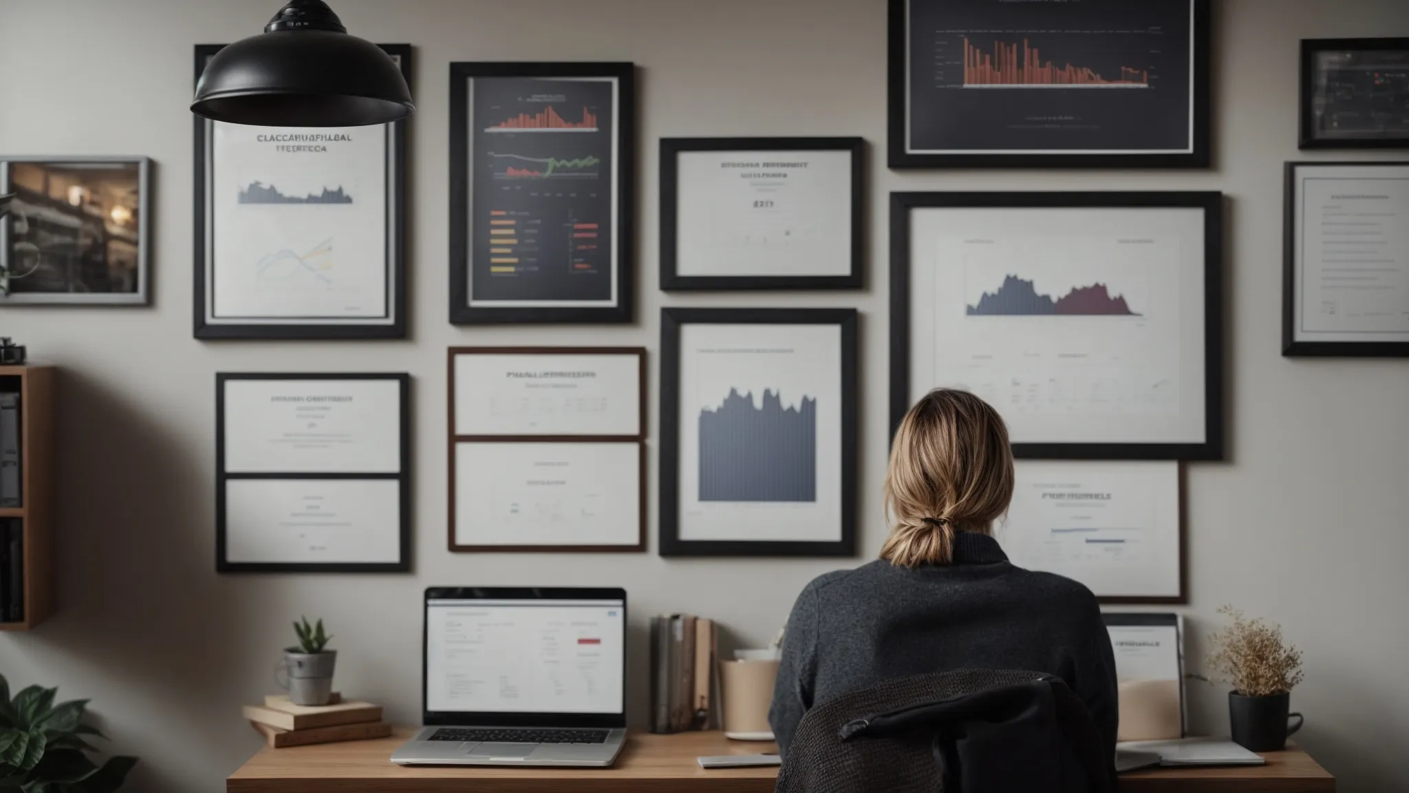 a person sits at a desk with a laptop open, displaying graphs and analytics while a row of framed certificates hangs neatly on the wall behind them.