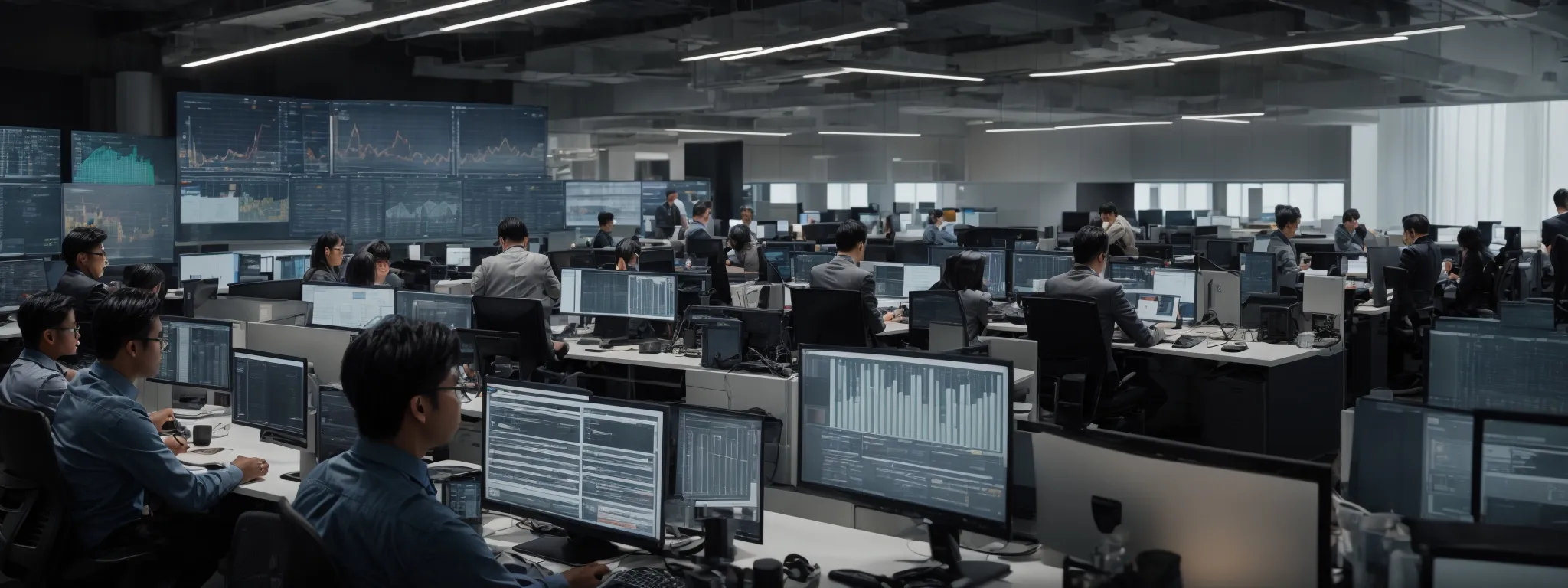 a modern office with bustling tech professionals analyzing data on large screens, reflecting the intricacies of search engine strategies.