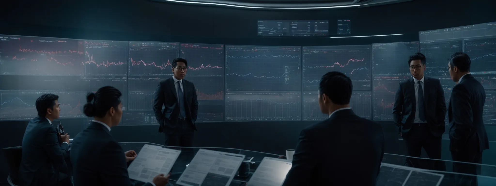 a group of professionals gathered around a large, futuristic touchscreen display analyzing dynamic graphs and charts of search term trends.