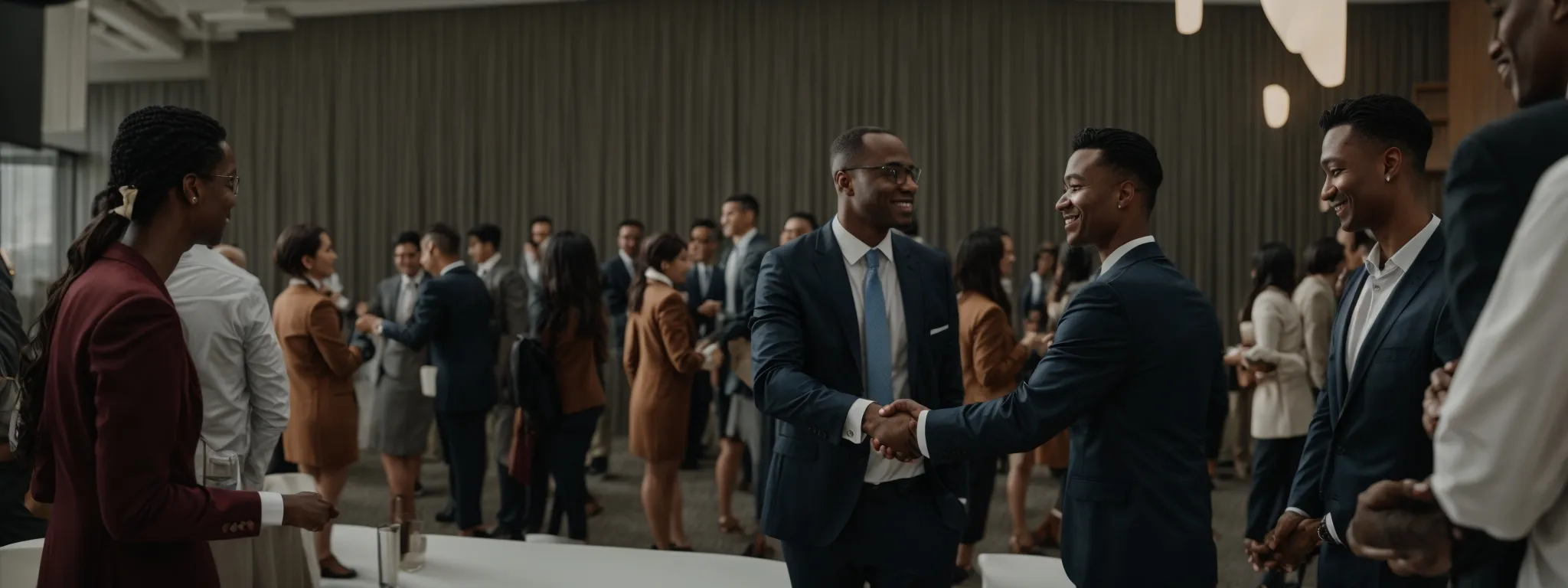 executives shake hands at a networking event under a banner promoting diversity in the workplace.