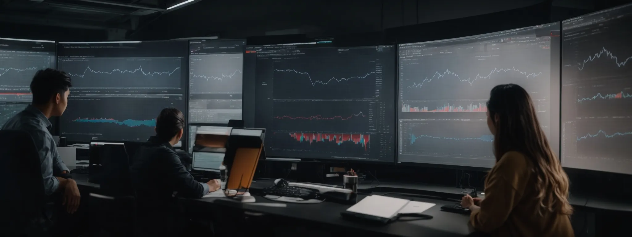 a marketing team analyzes charts on a large screen reflecting campaign performance and customer conversion rates.