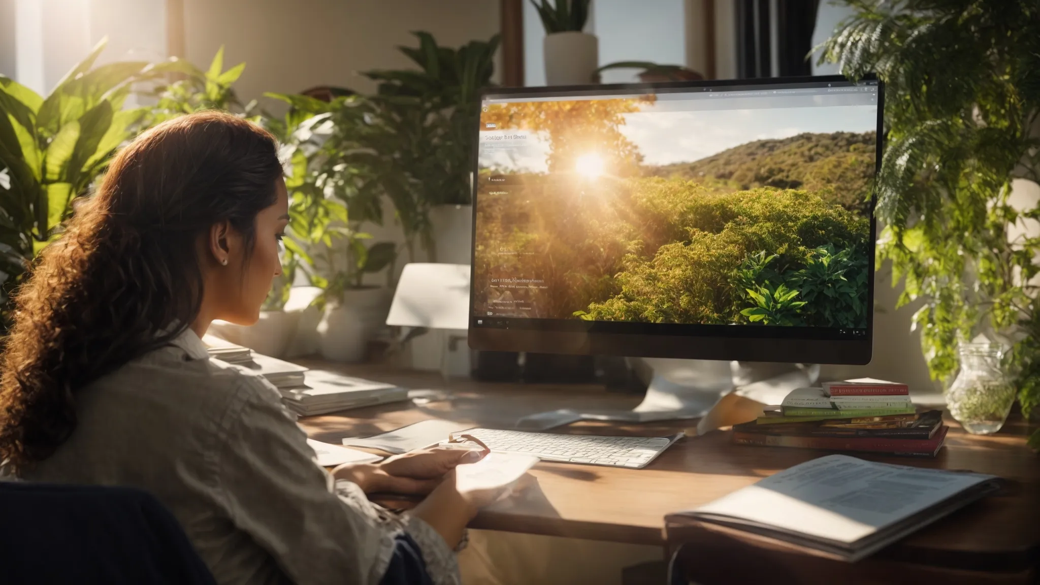 a person casually tossing aside a thick book labeled "seo strategies" while reclining in a sunlit, plant-filled office, turning attention to a bright computer screen displaying a colorful website.