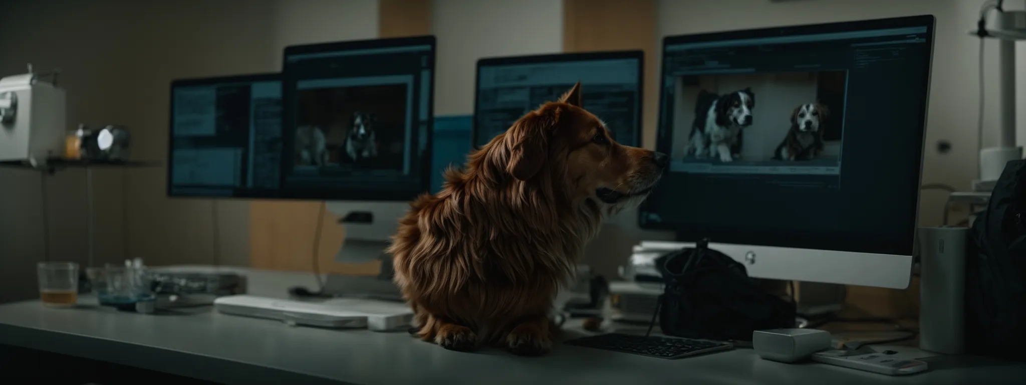 a veterinarian gently examines a dog on an examination table while a computer screen displaying a user-friendly website interface is visible in the background.
