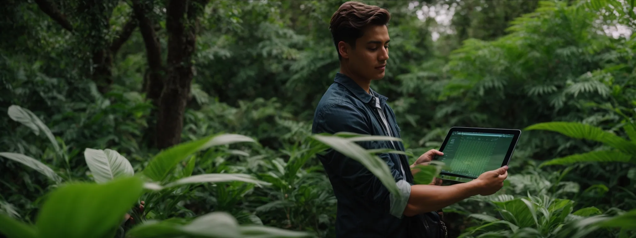 a professional holding a tablet showcasing growth graphs amidst a lush, green background of an arboretum, highlighting a digital strategy in progress.